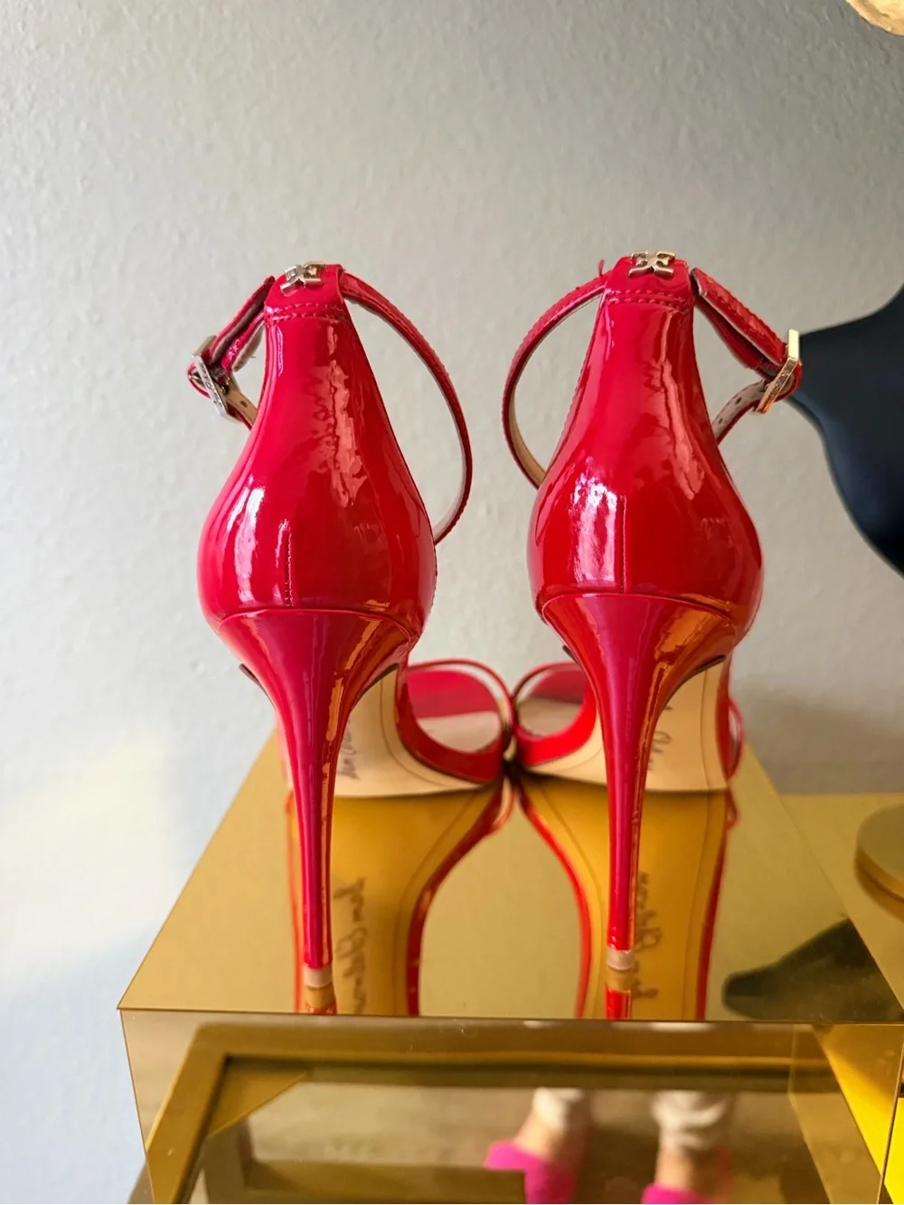 Sam Edelman Red Patent Ankle-Strap Heels with Gold Accents - Picture 4 of 13
